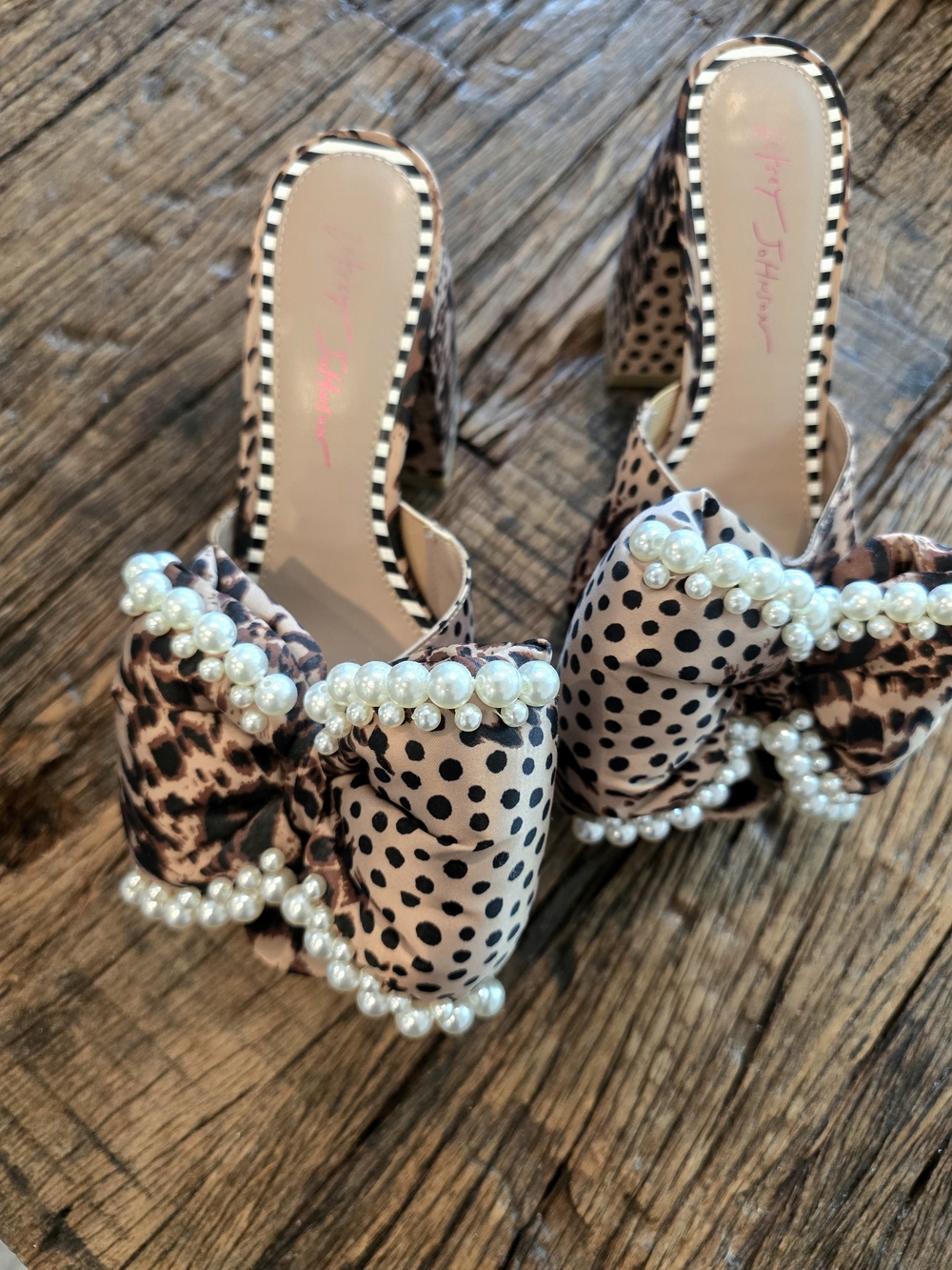 Betsey Johnson Blush Pink Leopard & Polka Dot Pearl Bow Mules
